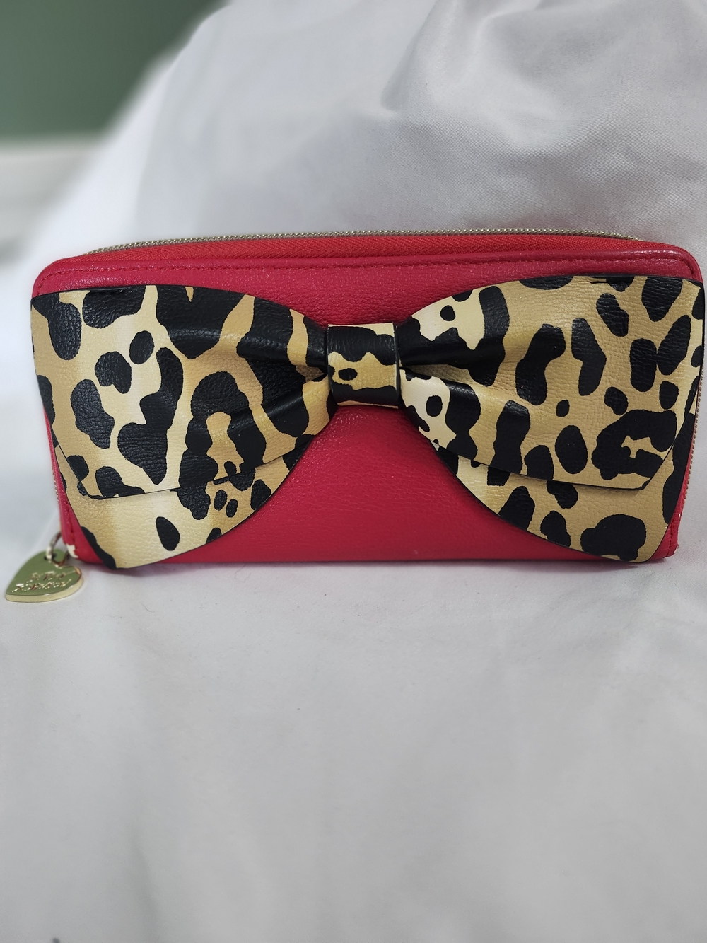 Betsey Johnson Red Zip Wallet with Leopard Bow Accent